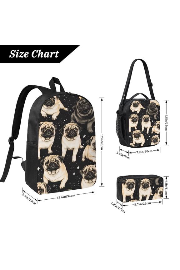 Cute Pug Dog Printed Backpack 17 Inch Set with Lunch Bag and CaseDurableTravel Bag Combo for Work Commuting Daily Use