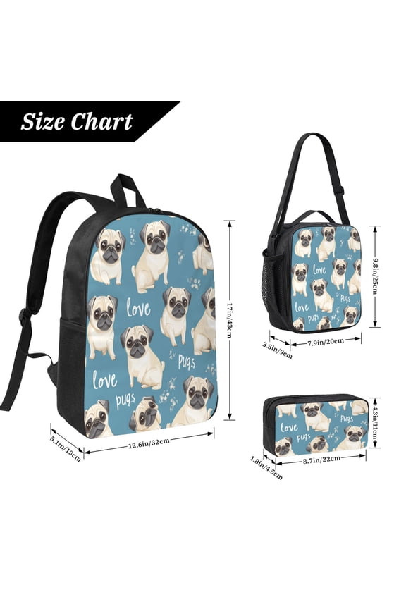 Cute Pug Dog Printed Backpack 17 Inch Set with Lunch Bag and CaseDurableTravel Bag Combo for Work Commuting Daily Use