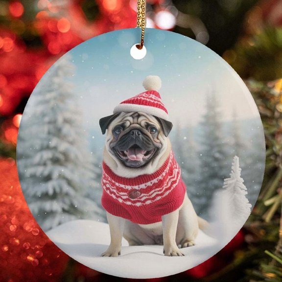Cute Pug Dog Santa Hat Snow Winter Christmas Ornament Gift Tree Decor Hanging 2D FLAT CIRCLE Ceramic Ornament