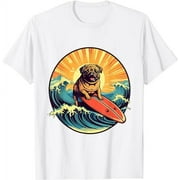 Cute Pug Dog Surfing Japanese Great Waves Surf Board Sunset T-Shirt
