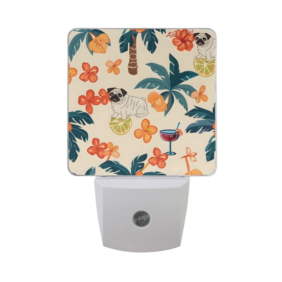 Cute Pug Dog and Flower Night Light 2 Pack LED Nightlight Plug into Wall Dusk to Dawn Sensor Soft White