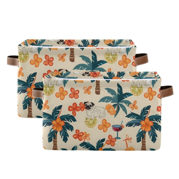 Cute Pug Dog and Flower Storage Bins with Handle Fabric Organizer Basket Foldable Box 2 Pack 14.2x10.2x8.3
