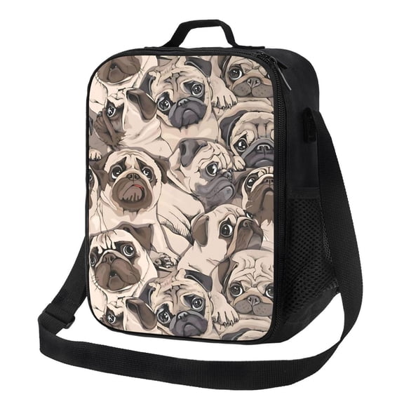 Cute Pug Dogs Lunch Bag Insulated Thermal Box with Shoulder Strap & Handle for Work and Picnic