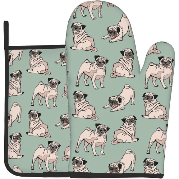 Cute Pug Dogs Oven Mitts and Pot Holders 2 Pcs Set Oven Glove and Potholder Suitable for Barbecues Baking Cooking Microwave