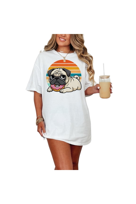 Cute Pug with Donut T-Shirt, Funny Dog Lover Gift, Retro Style Graphic Tee, Adorable Pet Illustration, Casual Unisex Shirt, White Comfort Colors T-Shirt, Large