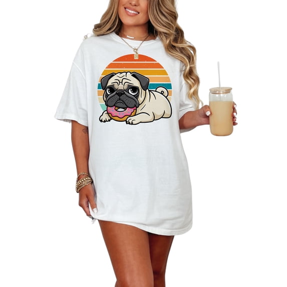 Cute Pug with Donut T-Shirt, Funny Dog Lover Gift, Retro Style Graphic Tee, Adorable Pet Illustration, Casual Unisex Shirt, White Comfort Colors T-Shirt, Large
