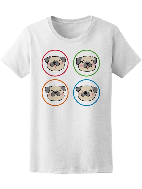 Cute Pug Faces Colorful Graphic T-Shirt Women -Image by Shutterstock, Female Medium
