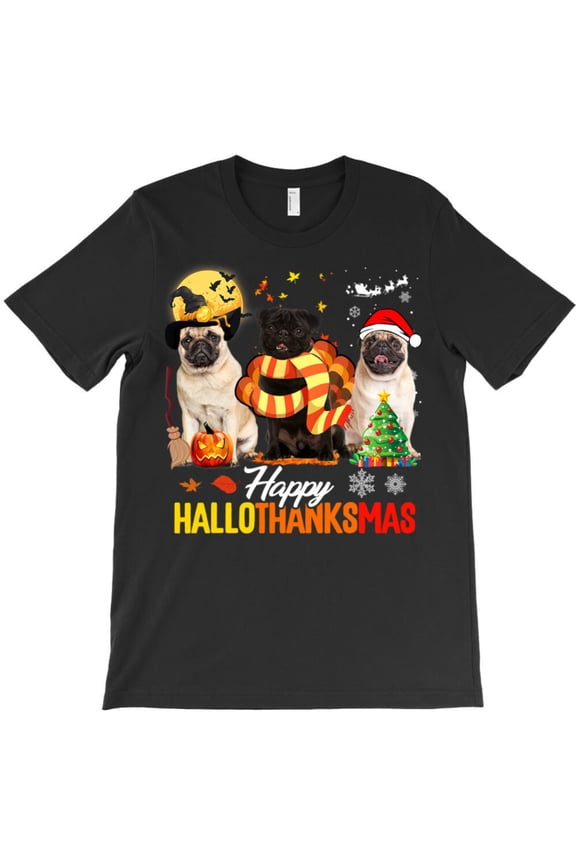 Cute Pug Happy Hallowthanksmas Funny Halloween Thanksgiving Graphic T-Shirt G0413, Up to 5XL