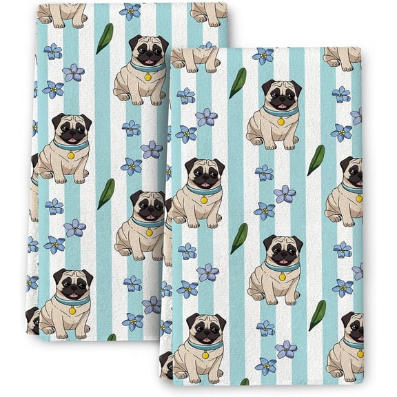 Cute Pug Kitchen Towel Set of 2,Funny Pug Dog Dish Towels for Kitchen Drying,Gifts for Pug Lovers,Soft Absorbent Pug Themed Hand Towels Tea Towels 16"x24"