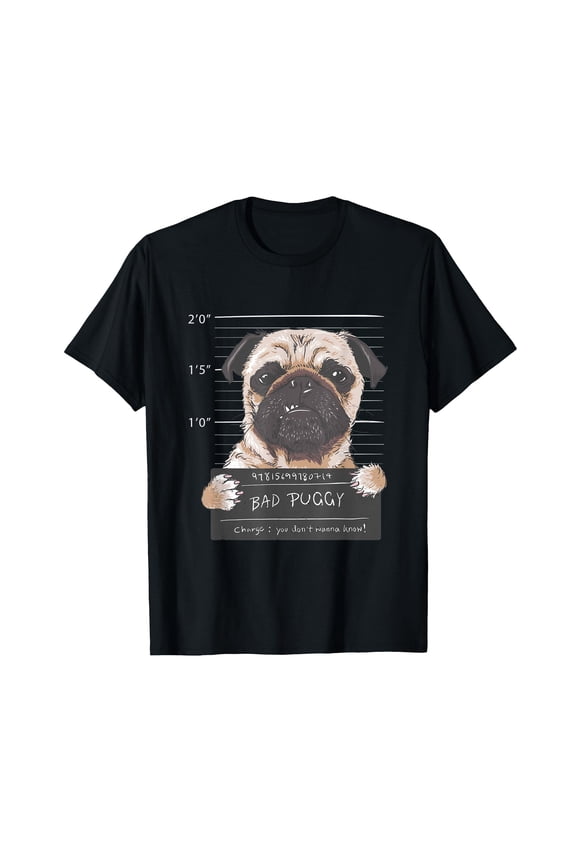 Cute Pug Mugshot Bad Puggy Puppy Humor Funny Dog T-Shirt - Cartoon Pug Design on Black Background
