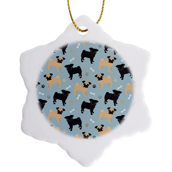 3drose, Cute Pug Pattern Blue Paws and Dog Bones, 3 inch Snowflake Porcelain Ornament