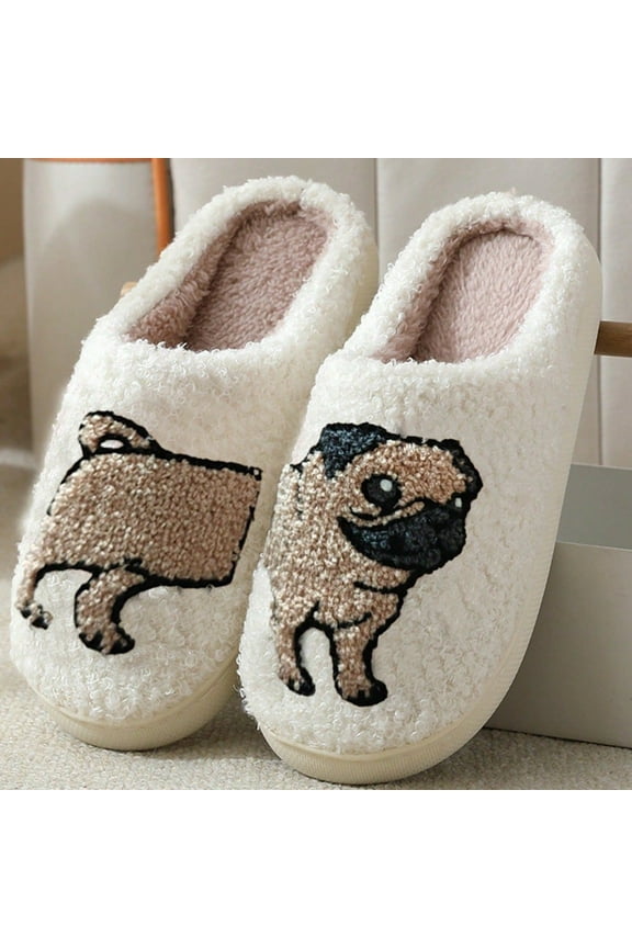Cute Pug Plush Slippers, Warm Indoor House Shoes for Women Men