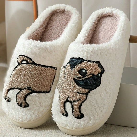 Cute Pug Plush Slippers, Warm Indoor House Shoes for Women Men
