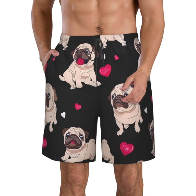 Cute Pug Print Men's Beach Shorts Hawaiian Summer Holiday Casual Shorts