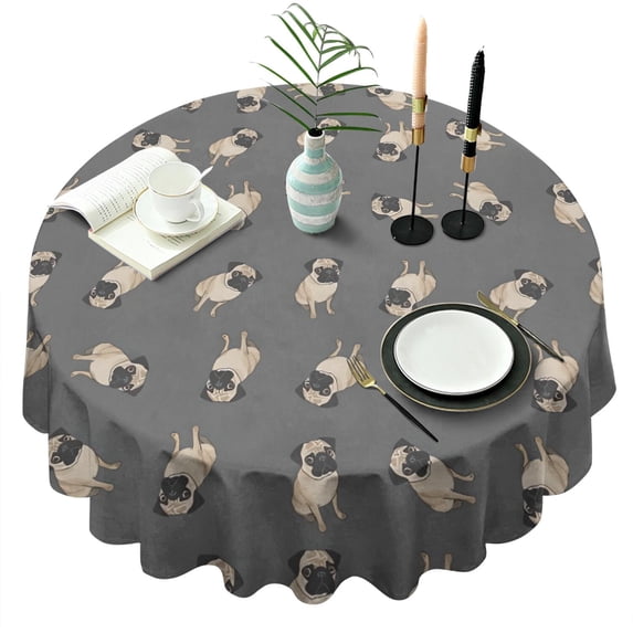 Cute Pug Puppies Round Tablecloth 60"x60",Wrinkle Wipeable Table Cloth for Kitchen Dining Room Picnic Patio Party