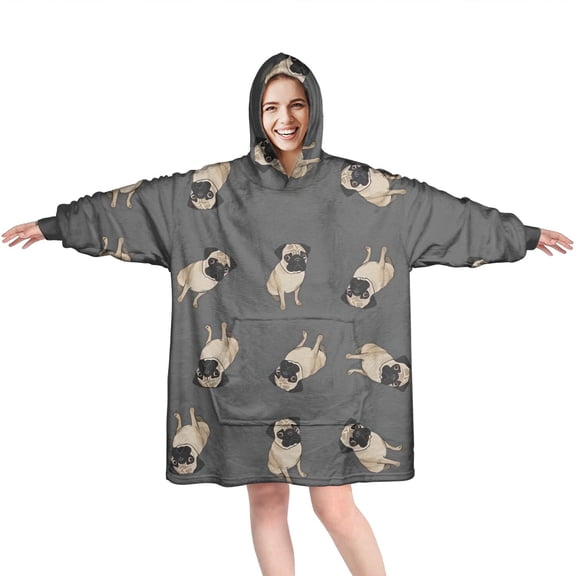 Cute Pug Puppies Wearable Oversized Blanket,Wearable Blanket Hoodie for Adults,Cozy Hooded Blankets with Super Pockets,Super Warm Fuzzy Pullover for Women & Men