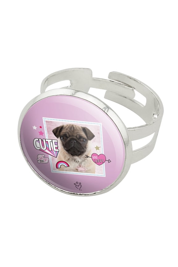 Cute Pug Puppy Dog Love Silver Plated Adjustable Novelty Ring