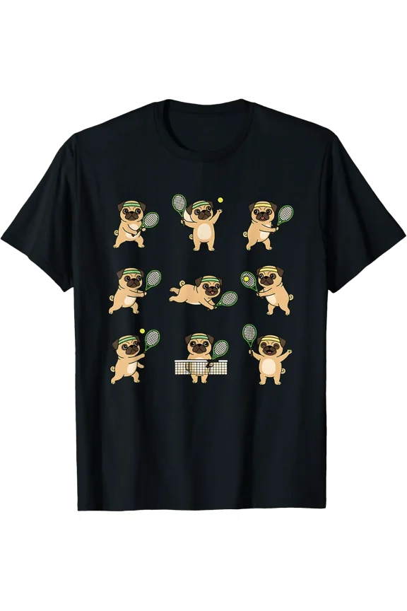 Cute Pug Tennis Player Dog Cartoon T-Shirt Size S-5XL
