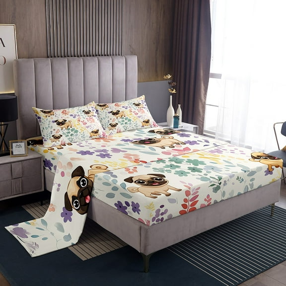 Cute Pug Twin Bed Sheets Set,Rainbow Floral Dog Kawaii Bedding Set Pet Lover Gifts for Kids Girls Boys,Colorful Flower Leaves Sheets Animal Print Fitted Sheet Set 3Pcs
