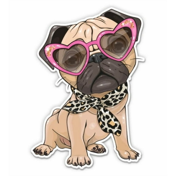 Cute Pug in Pink Glasses Girly Pretty - 5" Vinyl Sticker - For Car Laptop I-Pad - Waterproof Decal
