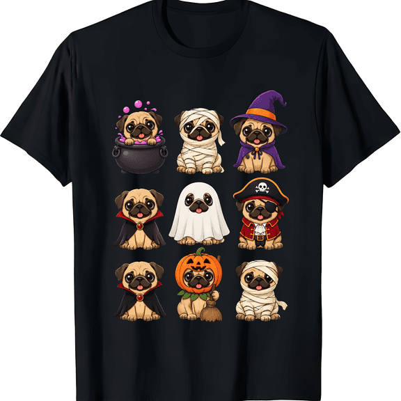 Cute Pugs in Halloween Costumes Graphic Short Sleeve Crewneck Cotton Unisex T Shirt