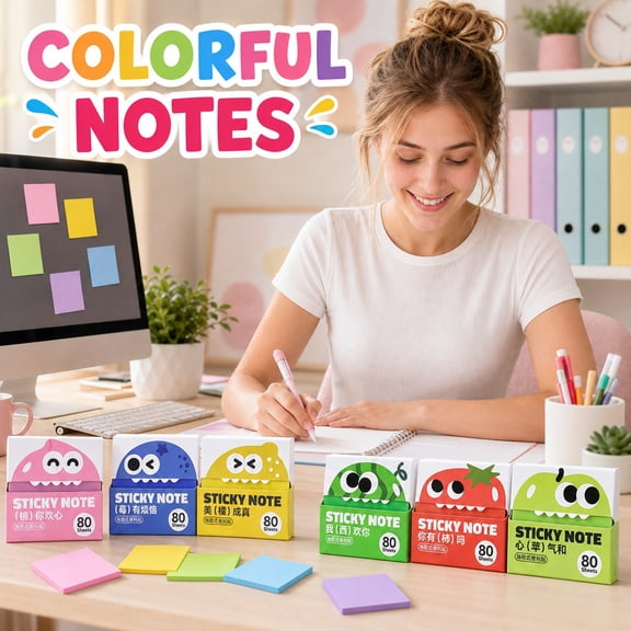Cute Pull Out Sticky Notes, Kawaii Cartoon Memo Pads 6 Pack, 80 Sheets Self Stick Note Dispenser, Colorful Pop Up Stationery for School Office Desk Organization Student Teacher Gifts