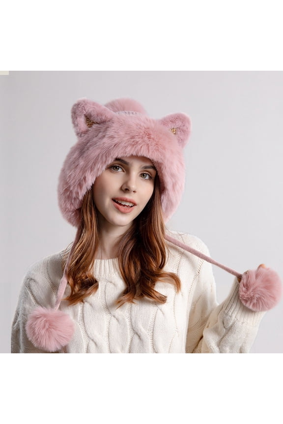 Cute Pullover Hat With Wool Thickening Hairball Solid Color Wool Knit Ear Hat Plaid Winter Hat Mens Outdoor Trapper Hat Frock Comrade Hat Chaos Trapper Hat Flurry Hat Hats for Men Mens Lined Winter