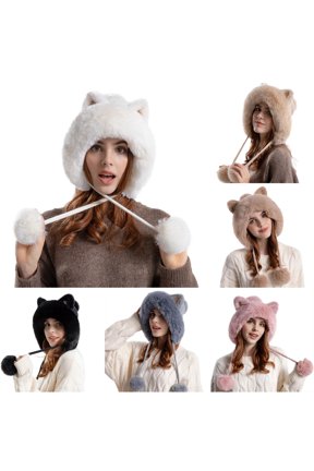 Cute Pullover Hat with Wool Thickening Hairball Solid Color Wool Knit Ear Hat Leather Winter Hats for Men One Size