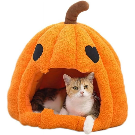 Cute Pumpkin Cat Bed for Indoor Cats Cat House Tent with Removable Washable Cushioned Pillow (16 Inch)