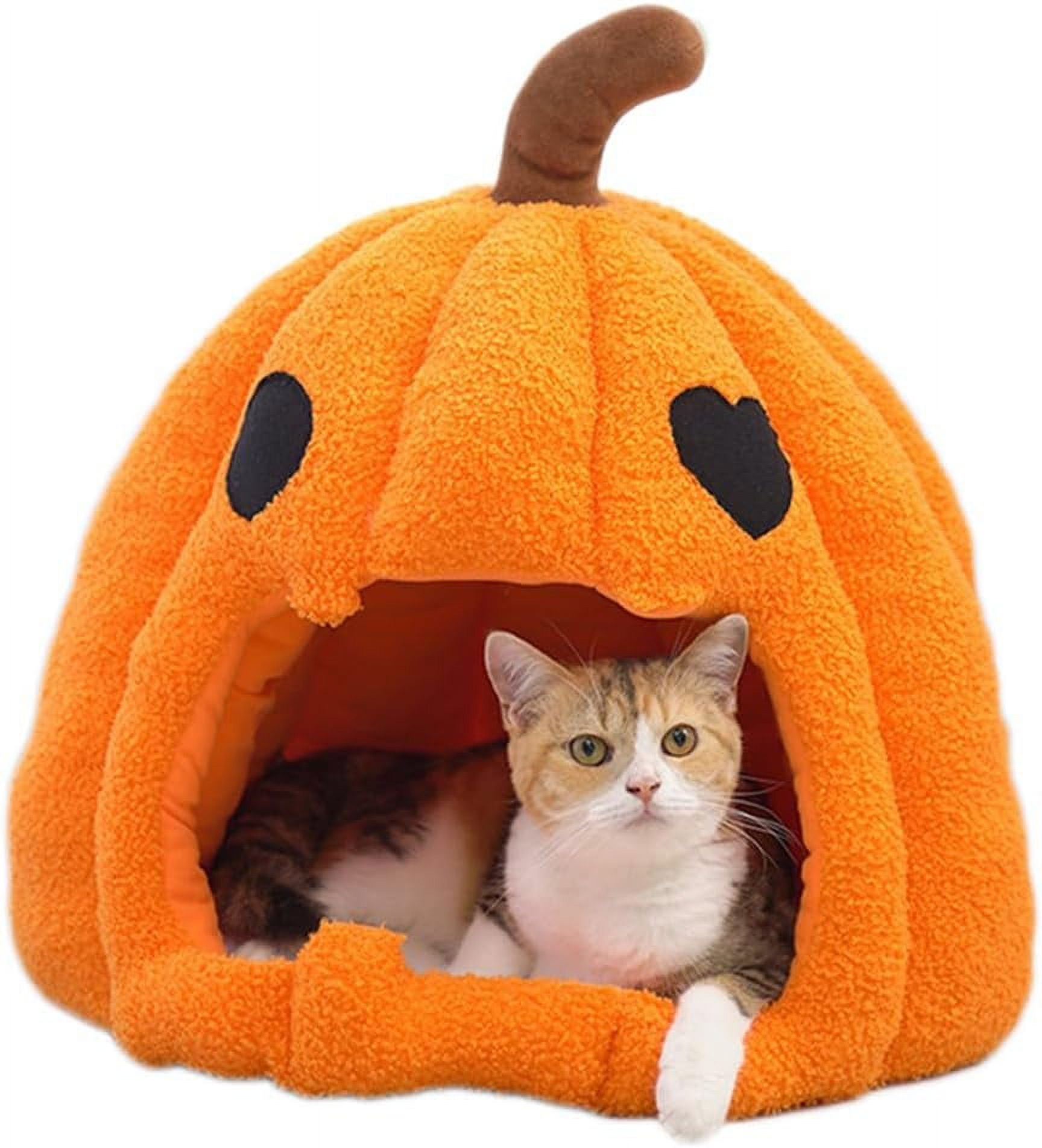 Cute Pumpkin Cat Bed for Indoor Cats Cat House Tent with Removable Washable Cushioned Pillow (20 Inch)