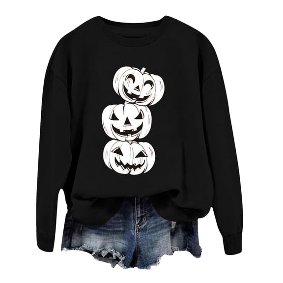 Cute Pumpkin Face Graphic Women Pullover Tops Halloween Funny Carton Print Long Sleeve Crew Neck Thanksgiving Sweatshirt