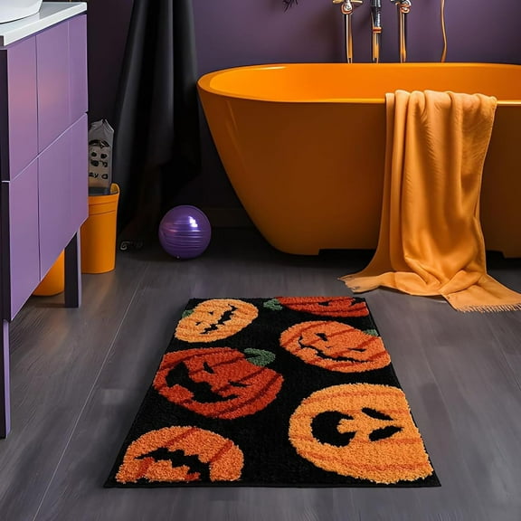Cute Pumpkin Fall Halloween Bath Mat 16 x 24 Microfiber Shaggy Spooky Creepy Gothic Halloween Bathroom Rug Non Slip Washable,Fun Jack-O'-Lantern Halloween Shower Bath Rug Bathroom Decor