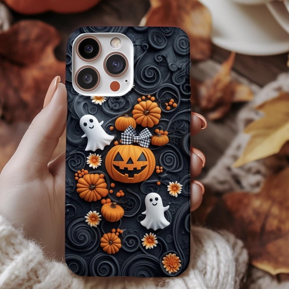 Cute Pumpkin Ghost 3D Halloween Themed Phone Case with iPhone 17 to 11 — free download