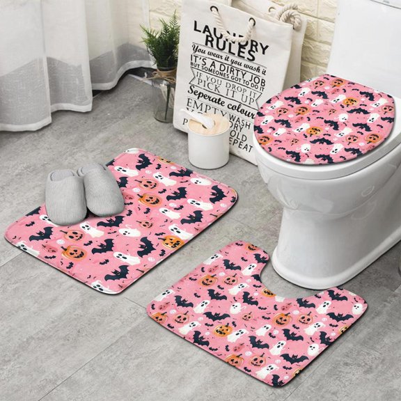 Cute Pumpkin Ghost Halloween Pattern Bathroom Rugs Sets 3 Piece,Toilet Cover Set,Absorbent Non Slip Bathroom Mats Sets with U-Shaped Contour Rug Toilet Rug Set