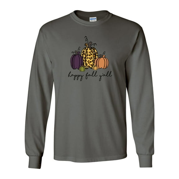 Cute Pumpkin Happy Fall Y'all Unisex Adult Long Sleeve T-shirt-Charcoal-small