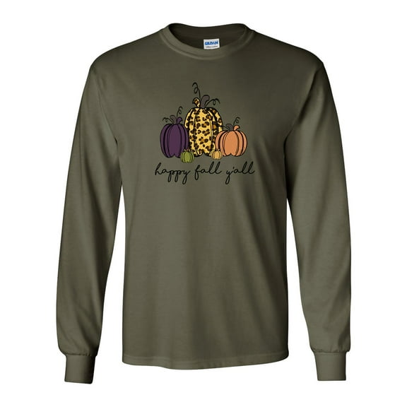 Cute Pumpkin Happy Fall Y'all Unisex Adult Long Sleeve T-shirt-Military-large