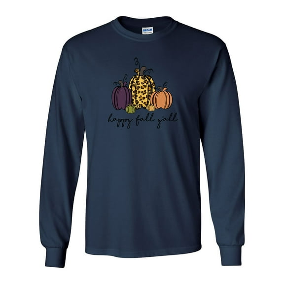 Cute Pumpkin Happy Fall Y'all Unisex Adult Long Sleeve T-shirt-Navy-small