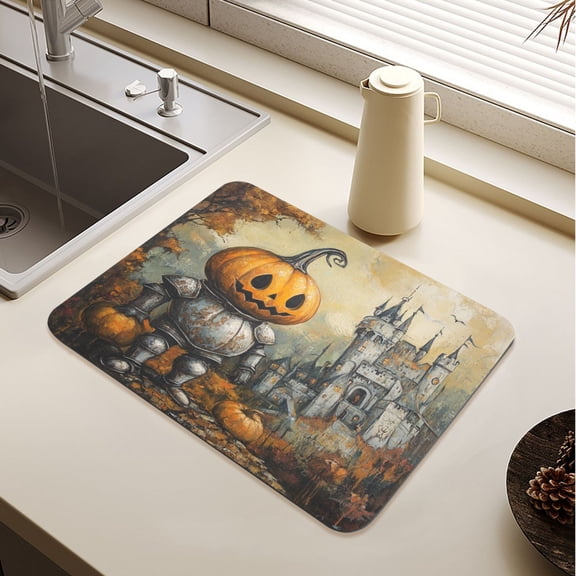 Cute Pumpkin Knight Drying Mat Diatomaceous Earth Super Absorbent Non-slip Rubber Sole Heat Resistant 230 Degrees Fahrenheit 19.715.7in