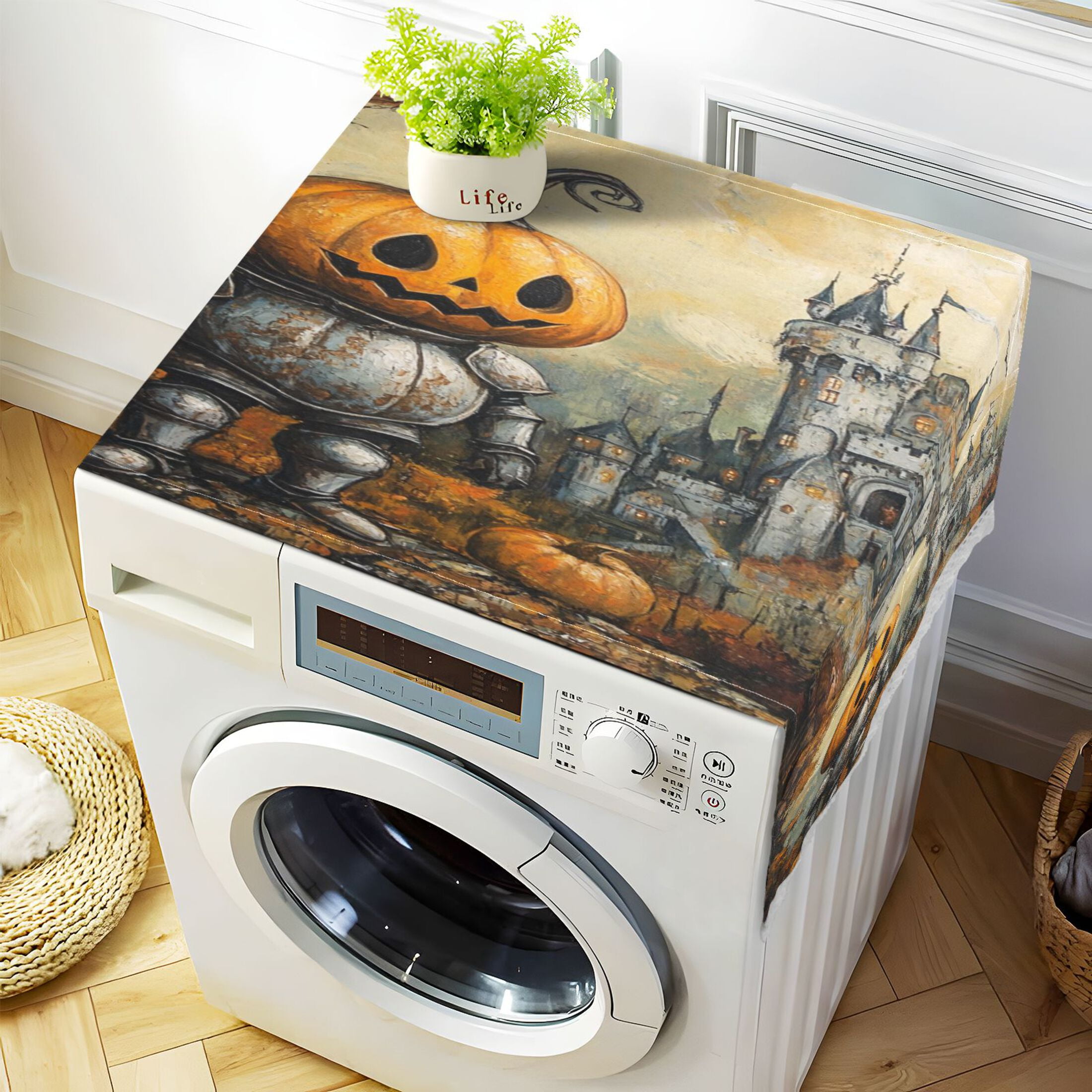 Cute Pumpkin KnightWasher and Dryer Covers Dust-Proof and Oil Resistant Fridge Cover with 4 Storage Pockets Washing Machine Top Cover for Laundry Kitchen Home 51.2 x 22 In