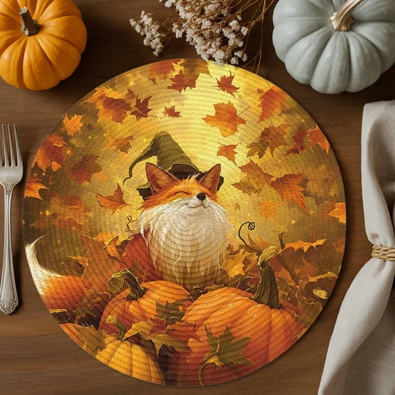 Cute Pumpkin Round Braided Placemats Set of 2, Fox Heat Insulation Place Mats Washable Non-Slip Table Mats for Kitchen Dining Party, 15 Inches