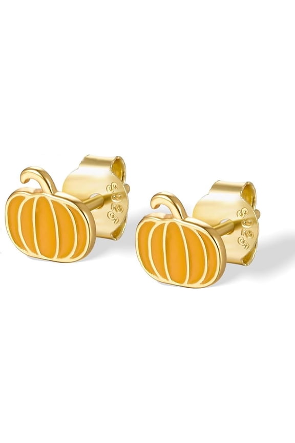 Cute Pumpkin Tiny Small Stud Earrings 925 Sterling Silver Cartilage Tragus Hypoallergenic Enamel Studs Earring Dainty Halloween Thanksgiving Autumn Fall Party Jewelry Gifts for Women Daughter
