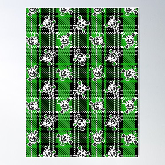 Cute Punk Skull On Plaid Background Vector Pattern. Poster Wall Art, Modern Wall Decor For Living Room Bedroom, 12x18 UNFRAMED
