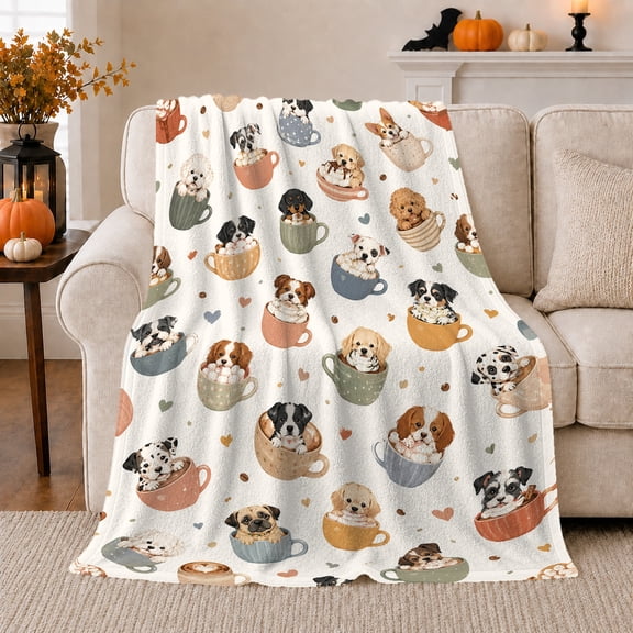 Cute Puppies in Teacups with Hearts, Playful Whimsical Style for Dog Lovers, Tea Cup Pet Pattern and Birthday Gift, Cozy Flannel Blanket for Nursery and Bedroom, Home Decor
