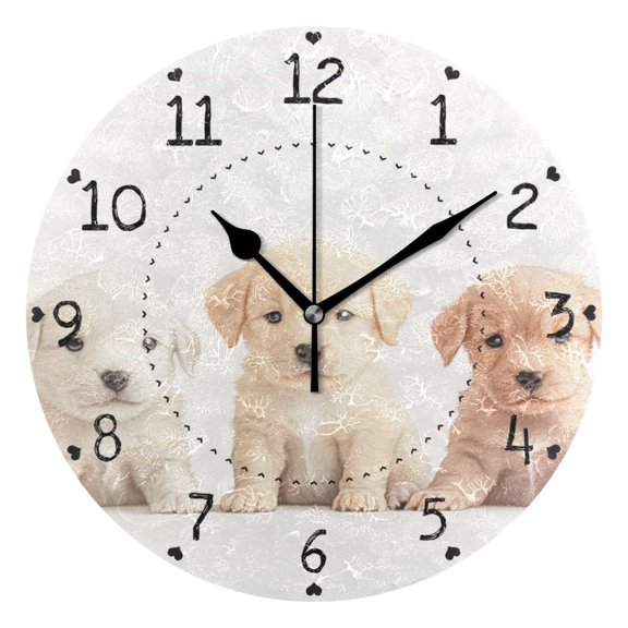 Cute Puppies in A Line Round Wall Clock Silent Analog Battery Operated Black Pointer Home Decor 9.84" Diameter