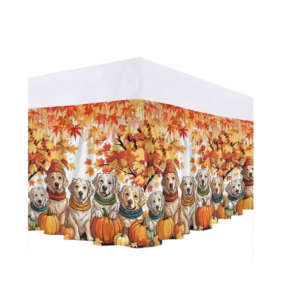 Cute Puppy Bed Skirt Queen Size 18 Inch Drop, Fall Pumpkin Animal Watercolor Maple Leaf Wrap Around Dust Ruffle Bedskirts, Wrinkle & Fade Resistant Easy Fit Bedskirt with Adjustable Elastic