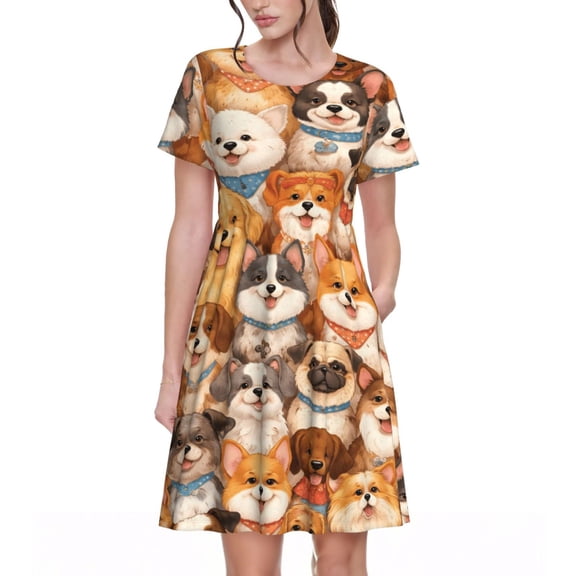 Cute Puppy Cartoon Dog Dresses Short Sleeve Nightdresses for Women