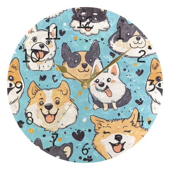 Cute Puppy Cartoon Picture Round Wall Clock Silent Battery Operated Home Decor for Living Room Bedroom