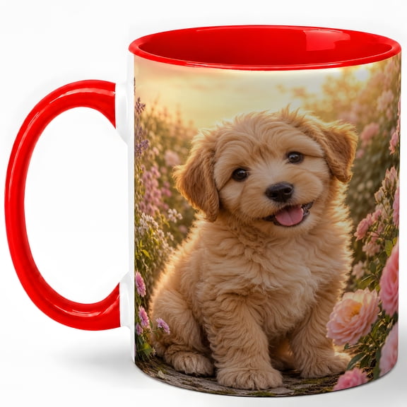 Cute Puppy Coffee Mug, Flower Garden Dog Lover Spring Design, 11 oz Ceramic Cup