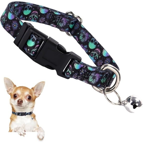 Cute Puppy Collar with Bell-Nylon Dog Collar for Small Breeds, Adjustable XXS XS Tiny Pet Little Dogs Girl Kitten Female Small Animal, for Puppies Purple Flowers