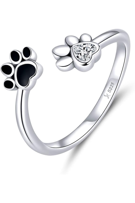 Cute Puppy Dog Cat Pet Paw Print Ring Sterling Silver 925 for Women Adjustable Fake CZ Diamond Animal Footprint Finger Wrap Band Promise Engagement Rings Fashion Jewelry